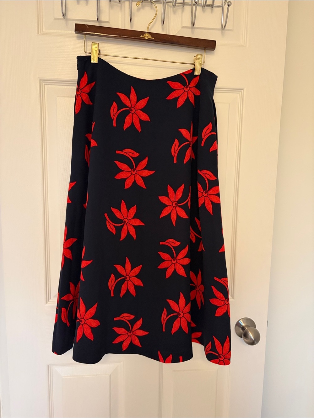 Navy A-Line Skirt with Red Floral Motif